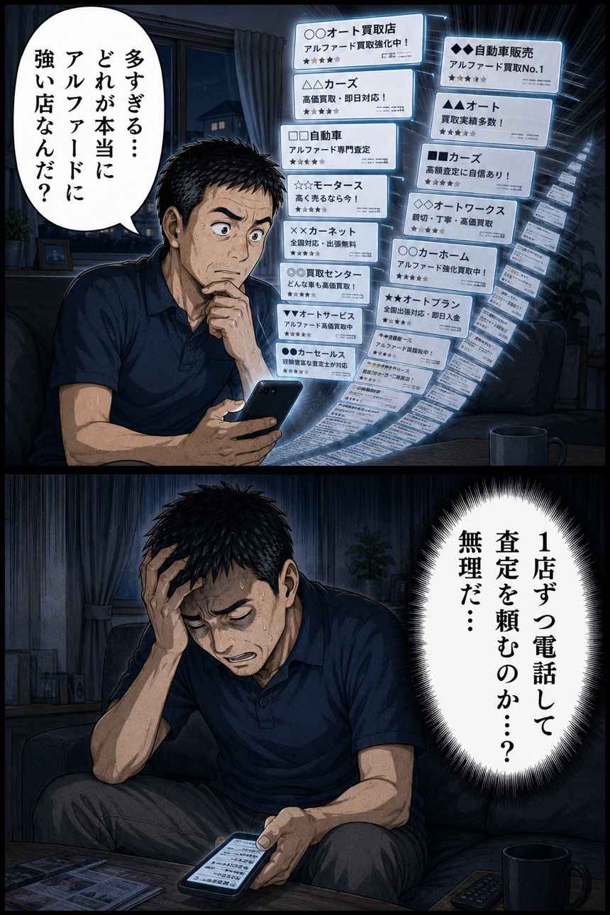 夜、専門店を探すが多すぎて途方に暮れる佐藤さん